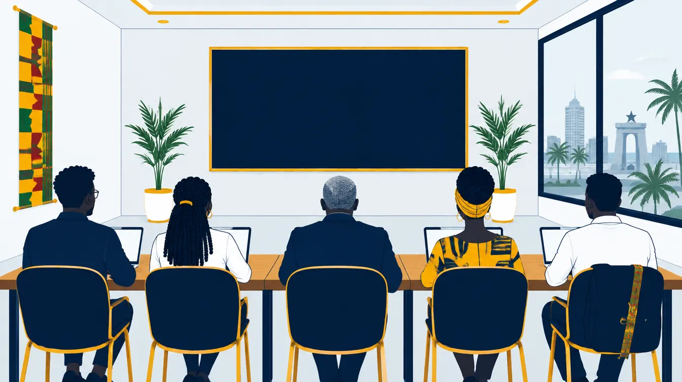 Five adults at laptops in a bright workshop room in Accra, facing a large board at the front.