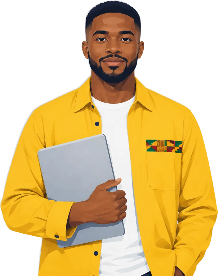 Illustration of a smiling man in a gold overshirt holding a laptop.
