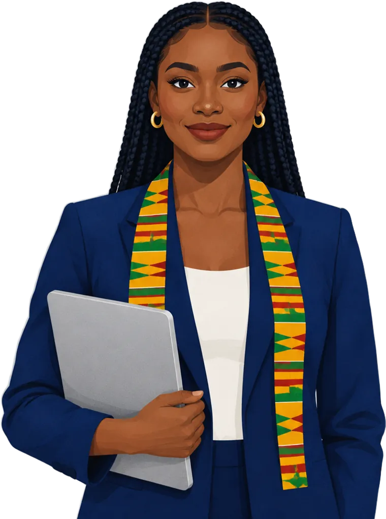 Illustration of a smiling woman with braids in a navy blazer holding a laptop.